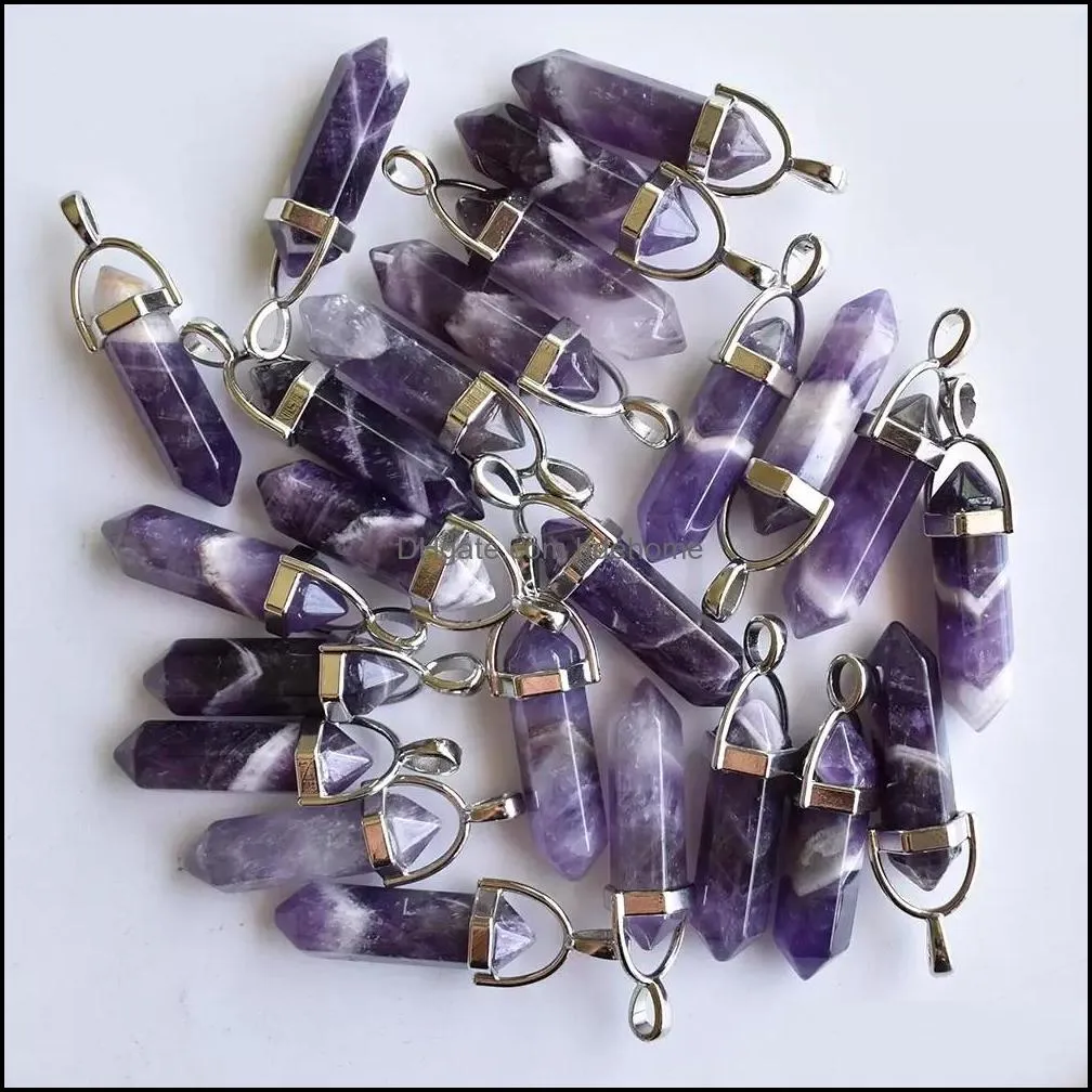 natural stripe amethysts charms hexagonal healing reiki point crystal pendants for jewelry making wholesale