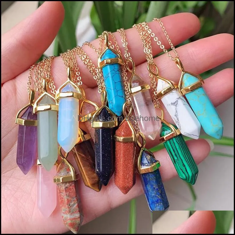 real raw gem pink purple crystal hexagonal bullet pendant reiki point chakra natural stone pendants necklace women jewelry