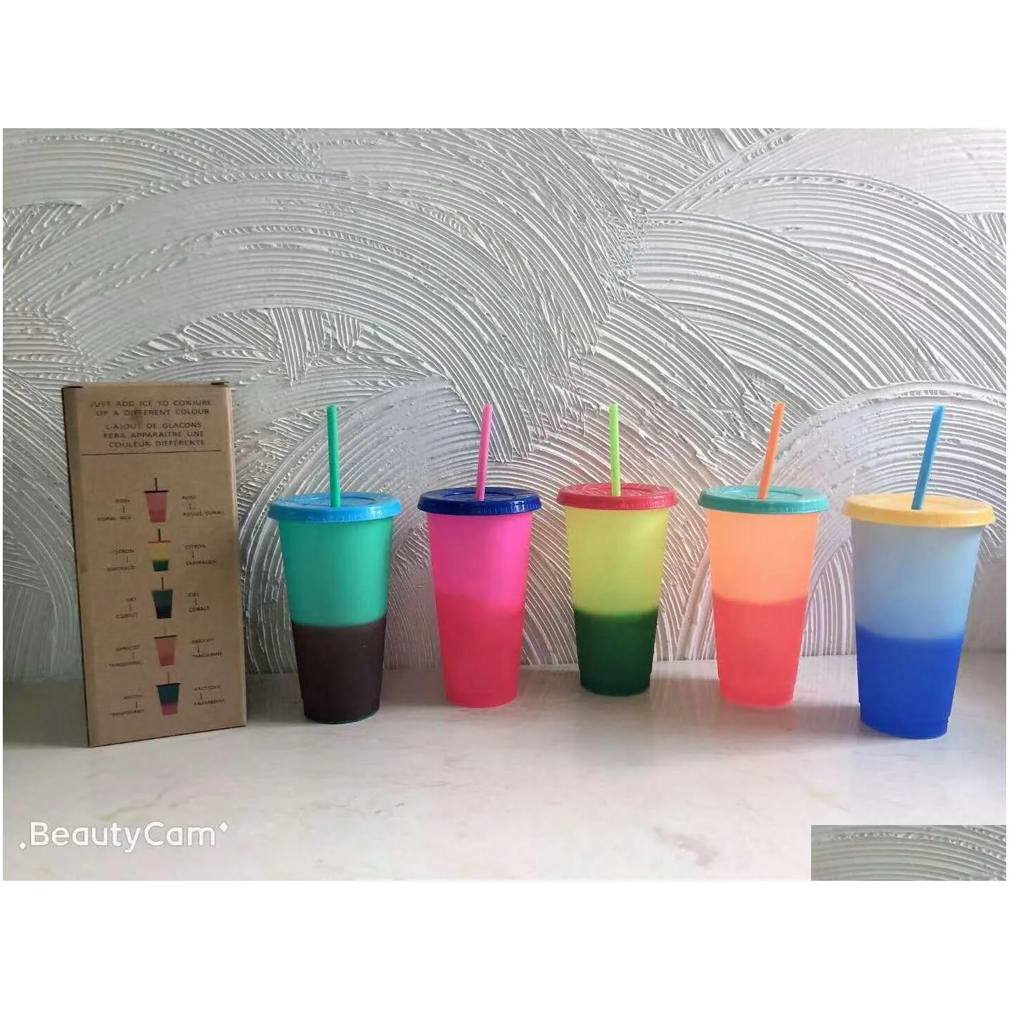 retails colour changing cup plastics reusable cold cup coffee and tea cup big capacity with lid straw 700ml 5 colors