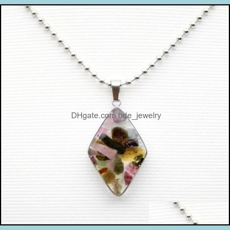 stainless steel chain gravel stone rhombus glass pendant pink quartz crystal agates turquoises malachite stone necklace