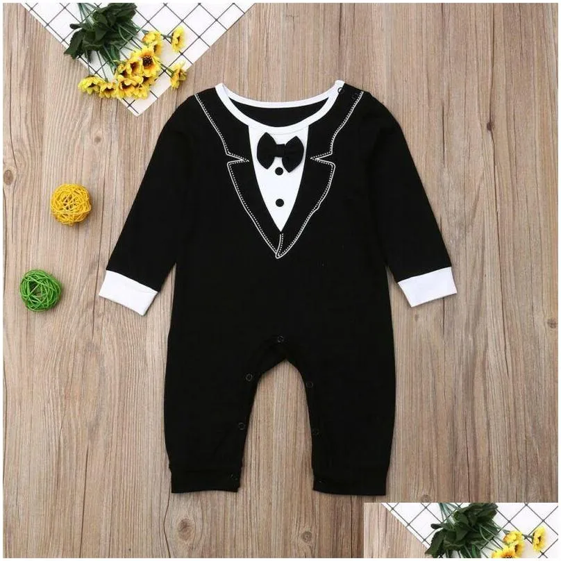 018m baby boy romper cute born infant boys bowtie gentleman wedding party long sleeve outfit jumpsuit summer clothing jumpsuits