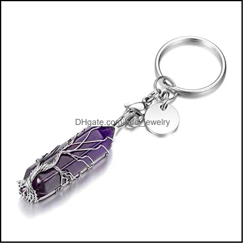 natural stone wrap tree of life hexagonal prism key rings keychains healing rose crystal car decor keyholder for women men 49x12x13mm