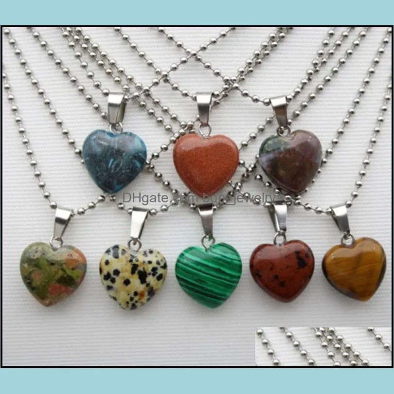 stainless chain natural stone love heart pendant pink quartz crystal agates turquoises malachite stone necklace