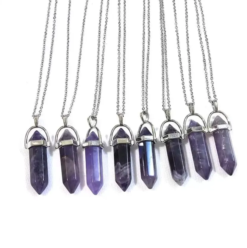 reiki healing jewelry amethyst natural stone pendant hexagonal bullet amethysts quartz crystal pendulum chakra stainless yydhhome