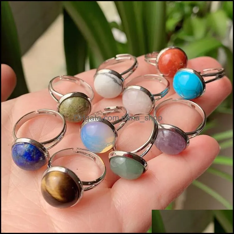 10mm 12mm natural stone rings open adjustable aventurine lapsi turquoise tiger eye amethysts pink quartz crystal women ring party