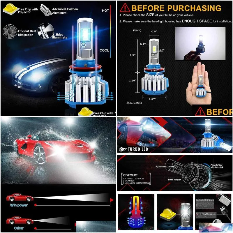 2pcs t1 h4 led car light h7 led canbus h1 h3 h11 880 9005 9006 headlight turbo 70w 7000lm auto bulb automobiles headlamp 6000k