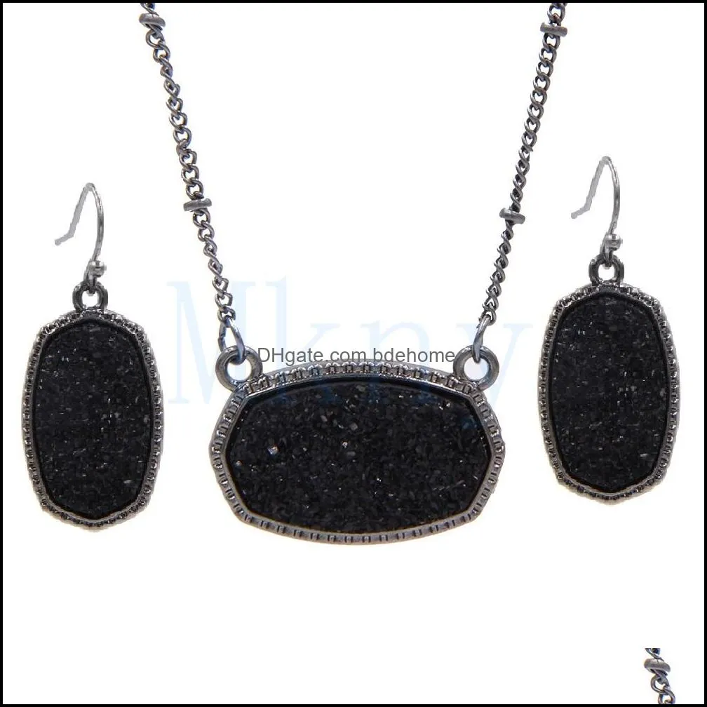 oval style resin drusy druzy necklace earings luxury designer jewelry set for women wedding party gift christmas