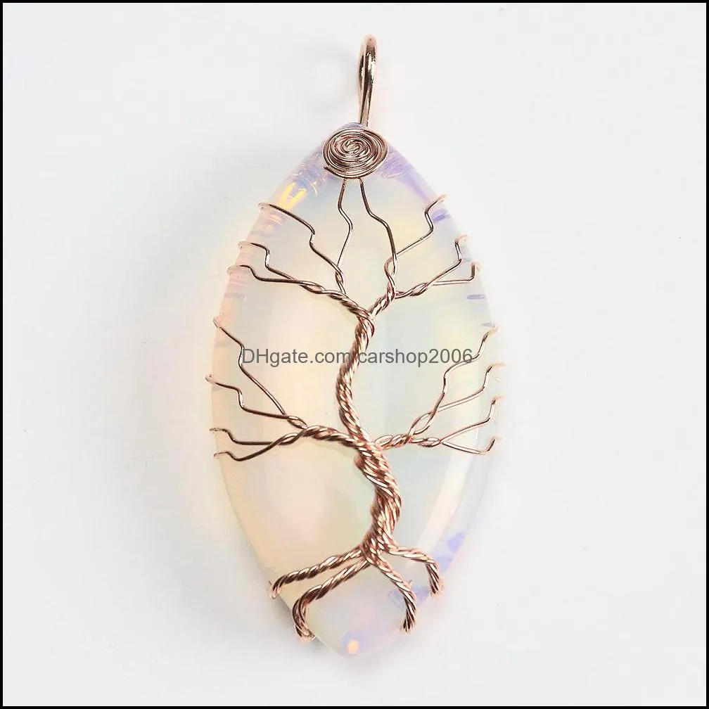 oval natural stone healing crystal tree of life charms waterdrop pendants rose quartz wire wrapped trendy jewelry making carshop2006