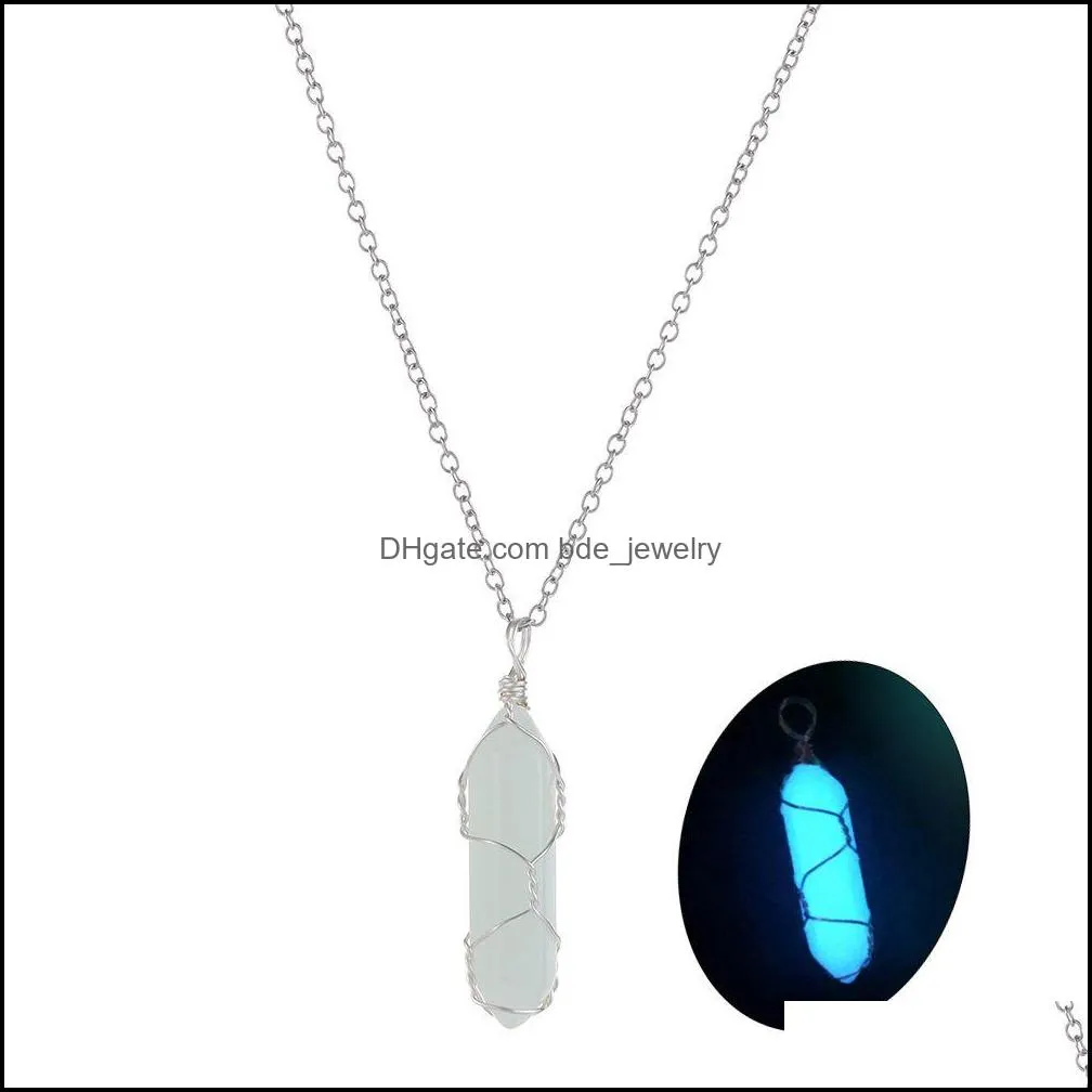 hexagonal pillar crystal necklace glow in the dark luminous wire wrap stone craft pendant necklaces gift for women men party