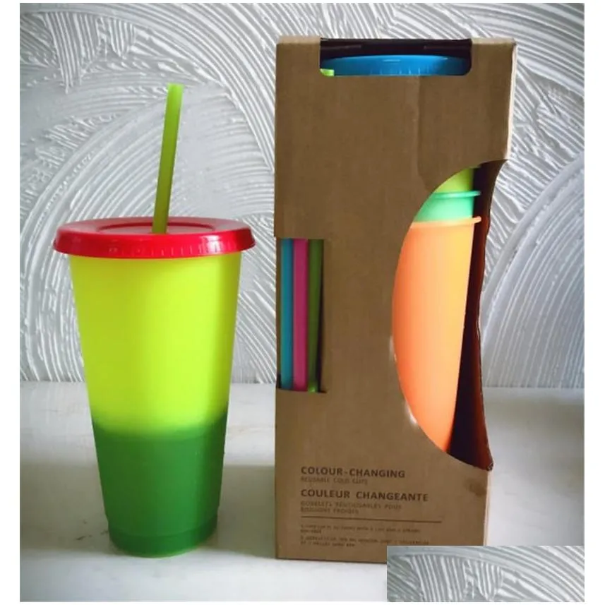 retails colour changing cup plastics reusable cold cup coffee and tea cup big capacity with lid straw 700ml 5 colors