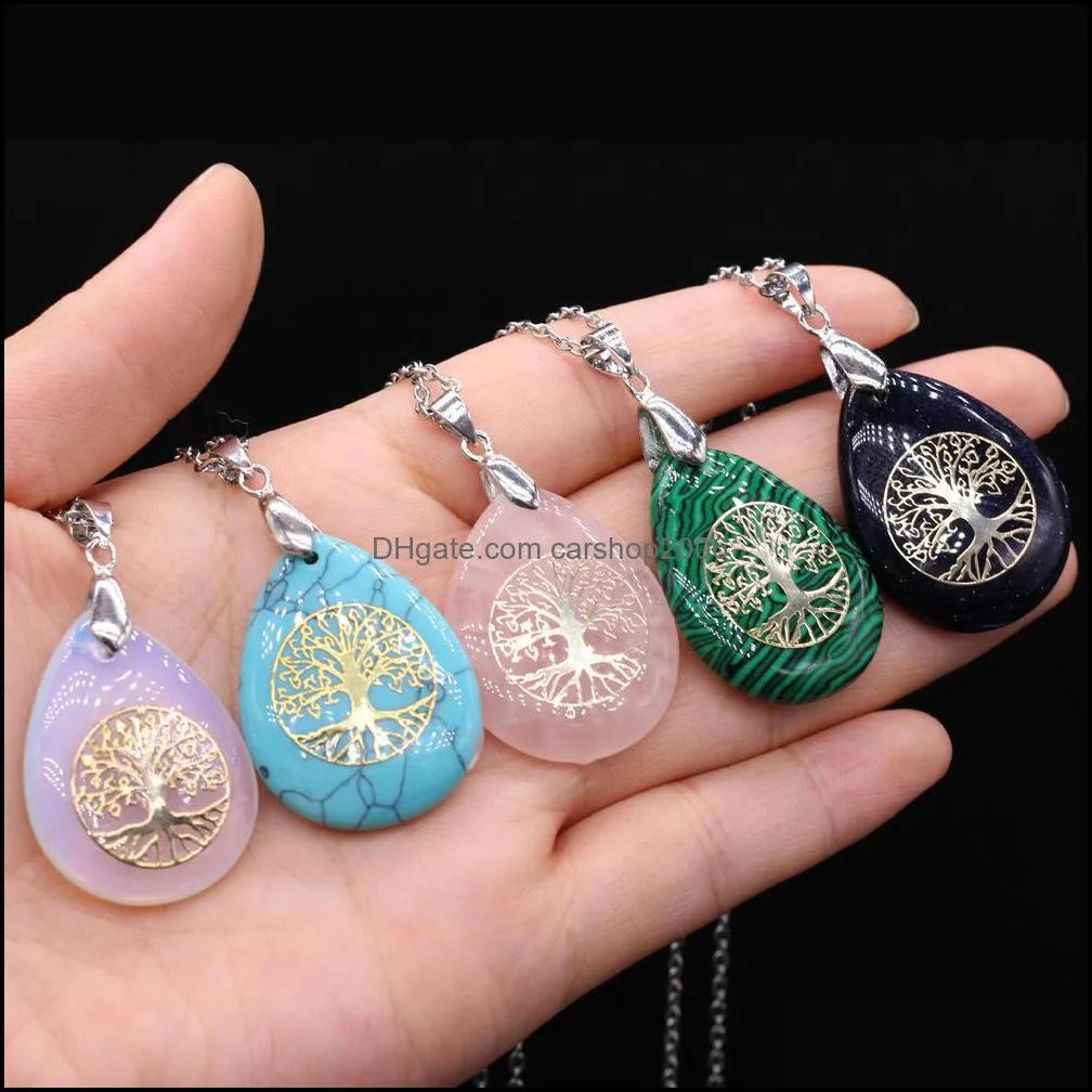 waterdrop tree of life symbol reiki healing natural stone pendant necklace chakra amethyst pink rose crystal link chain carshop2006