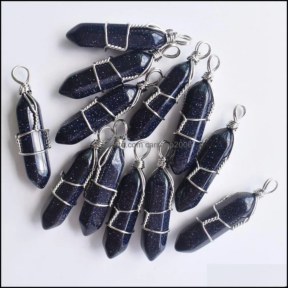 silver wire natural stone blue sand charms hexagonal healing reiki point pendants for jewelry making carshop2006