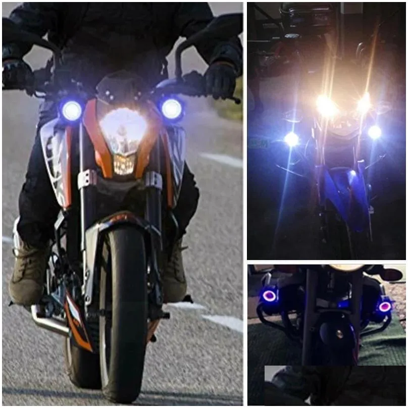 led u7 motorcycle headlight drl with angel eyes ring lighting driving running lights front spotlight hi/lo strobe flashing white light and