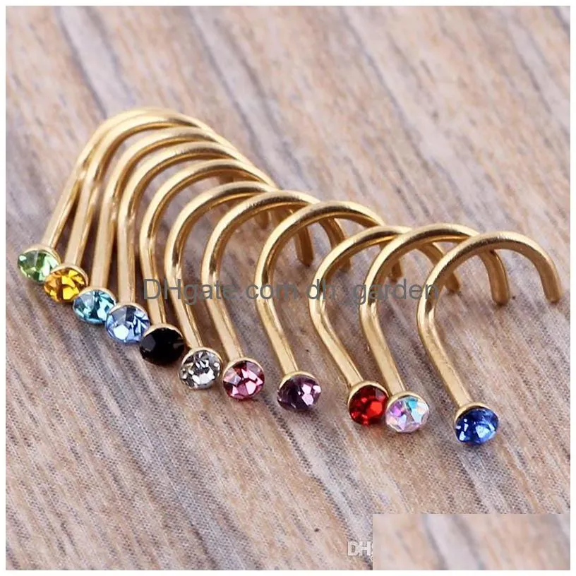 mix colors rhinestone nose studs screw ring bone bar body piercing jewelry gold silver nose pin