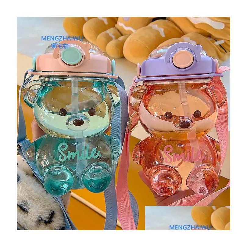 south korea new household products plastic drinking cups with straw cartoon bear shaped summer silicone sippy cup