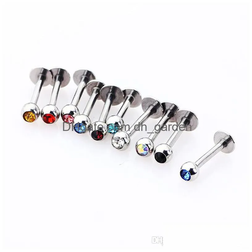 charisma 316l surgical steel ball crystal bar lip ring labret stud tongue lip tragus mix 10 colors 100pcs body piercing jewelry