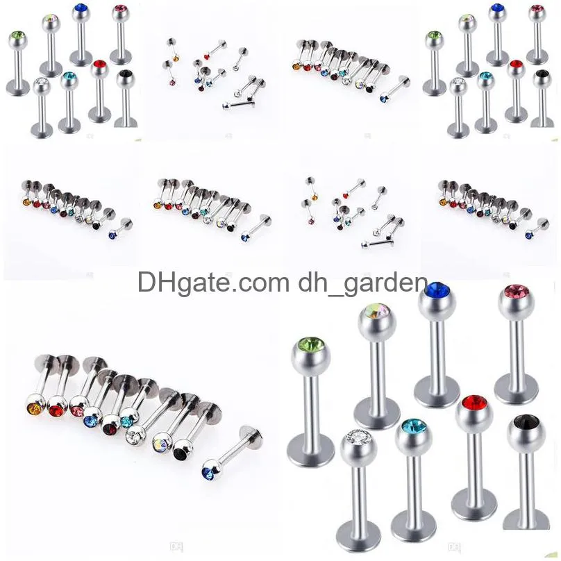 charisma 316l surgical steel ball crystal bar lip ring labret stud tongue lip tragus mix 10 colors 100pcs body piercing jewelry