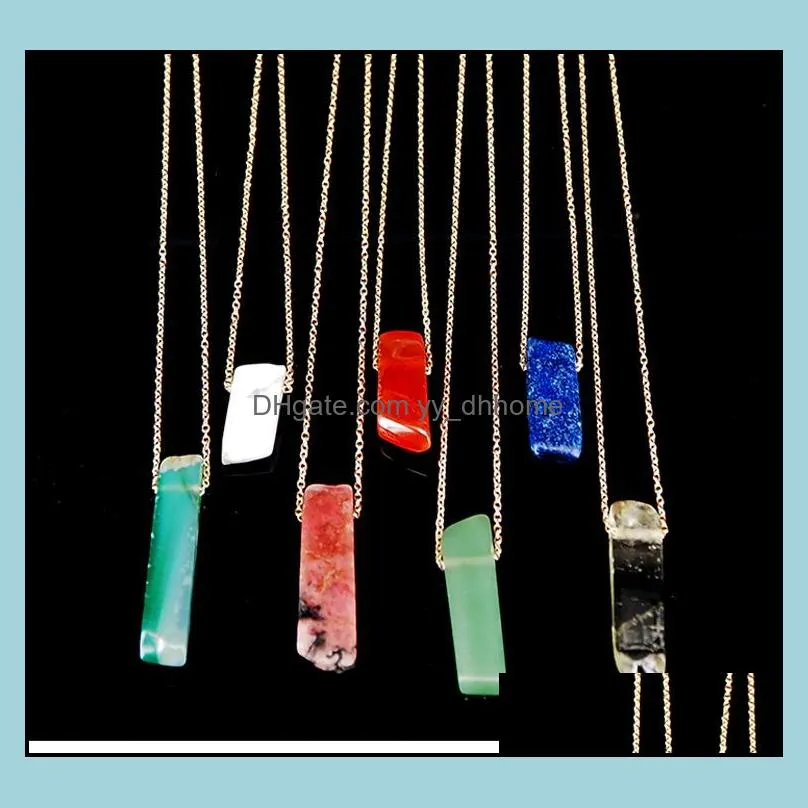 100pcs natural stone strip bar necklace rose red blue amethyst crystal green aventurine rectangle stainless steel necklace yydhhome