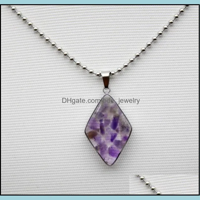 stainless steel chain gravel stone rhombus glass pendant pink quartz crystal agates turquoises malachite stone necklace
