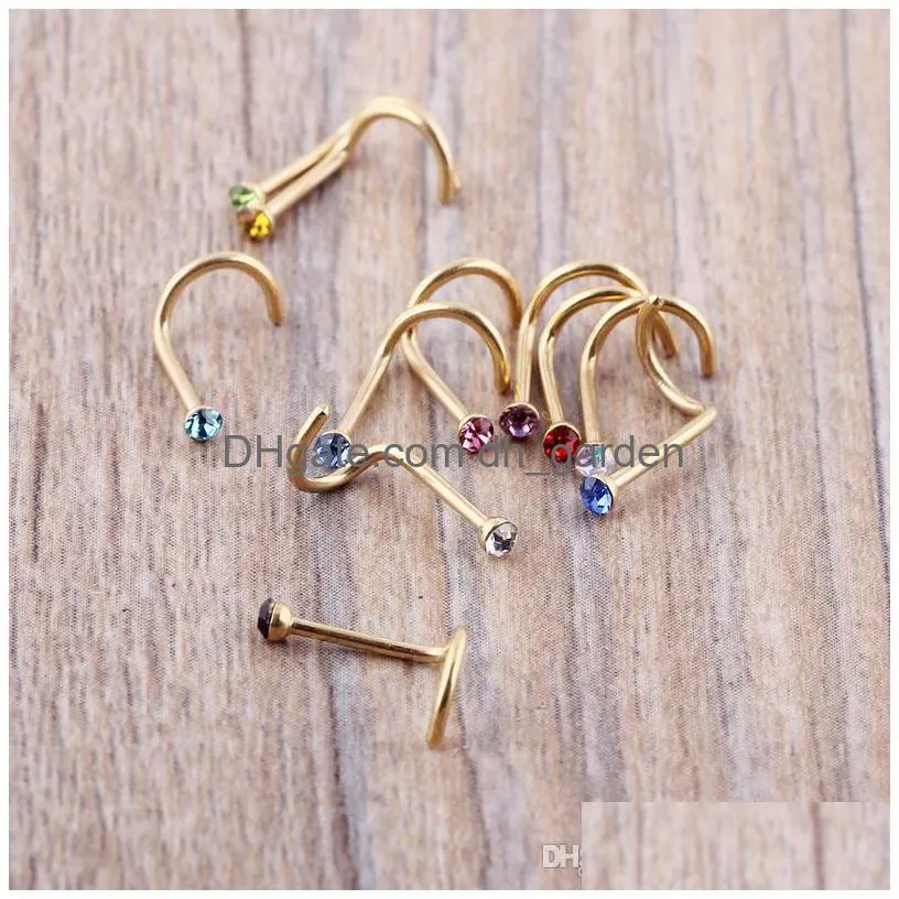 mix colors rhinestone nose studs screw ring bone bar body piercing jewelry gold silver nose pin