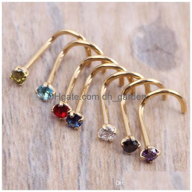 crysta gold silver zircon nose ring screw nose stud clear pink red purple curved steel pin ring piercing 20g 0.8mm