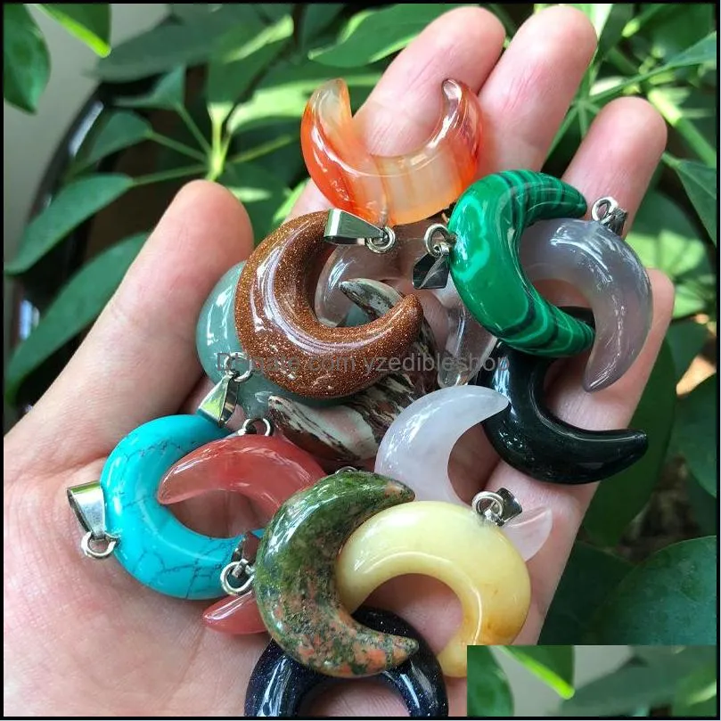 30mm natural stone crystal charms pendants ox horn crescent shape copper edging for necklace jewelry making diy gift wome yzedibleshop