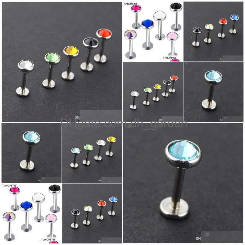 fashion stainless steel lip ring stud piercing labret piercing tragus cartilage with different crystal 100pcs