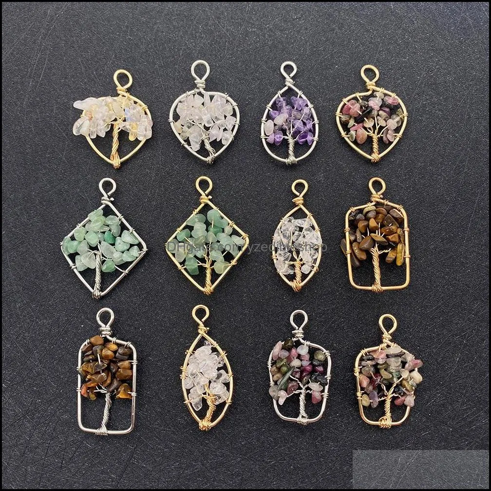 natural crystal stone beads charms wire wrapped tree of life pendant for jewelry making chakra reiki healing amethyst yzedibleshop