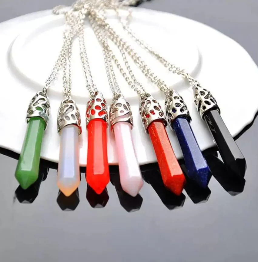 pendulum hexagonal pointed reiki natural stones pink quartz pillar charms pendant necklace for women men gift accessories