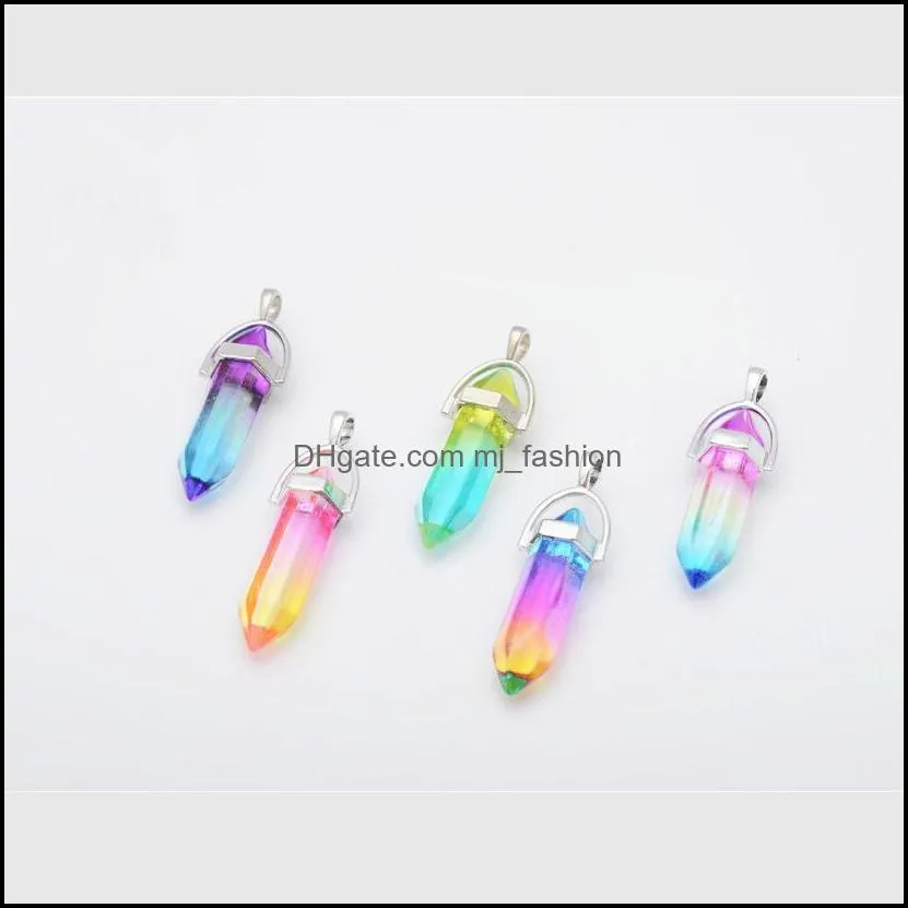 natural glass multicolored hexagonal column healing crystal chakra stone necklace for women jewelry