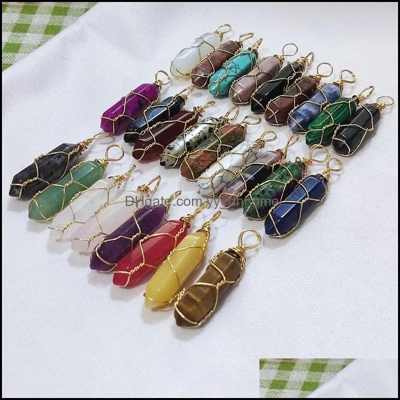 gold wire wrap natural stone charms rose quartz mixed pillar bullet shape point chakra pendants for jewelry making yydhhome