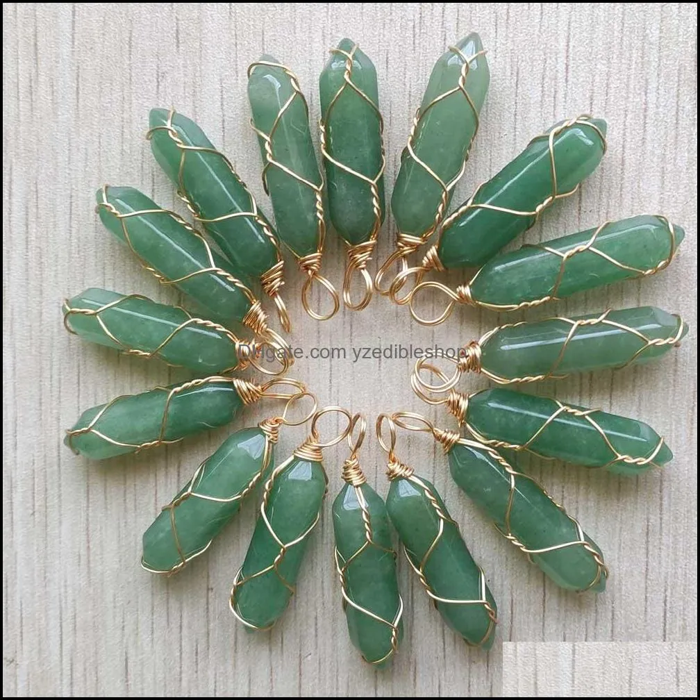 natural green aventurine stone hexagon charms handmade golden iron wire pillar shape pendants for jewelry makin yzedibleshop
