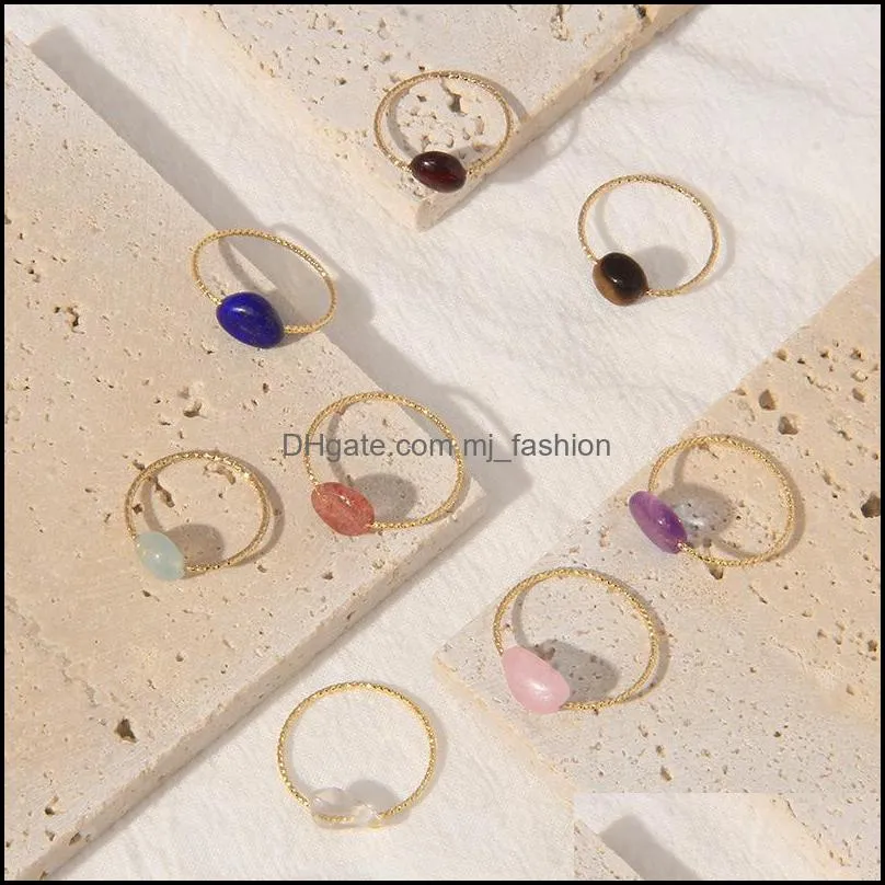 minimalism natural stone rings golden metal gem stone rose quartz amethyst beads ring trendy healing jewelry gifts