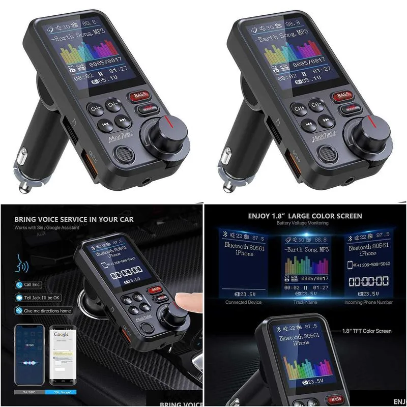 1.8wireless car bluetooth kit fm transmitter aux supports qc3.0 charging treble and bass sound music player car  quick