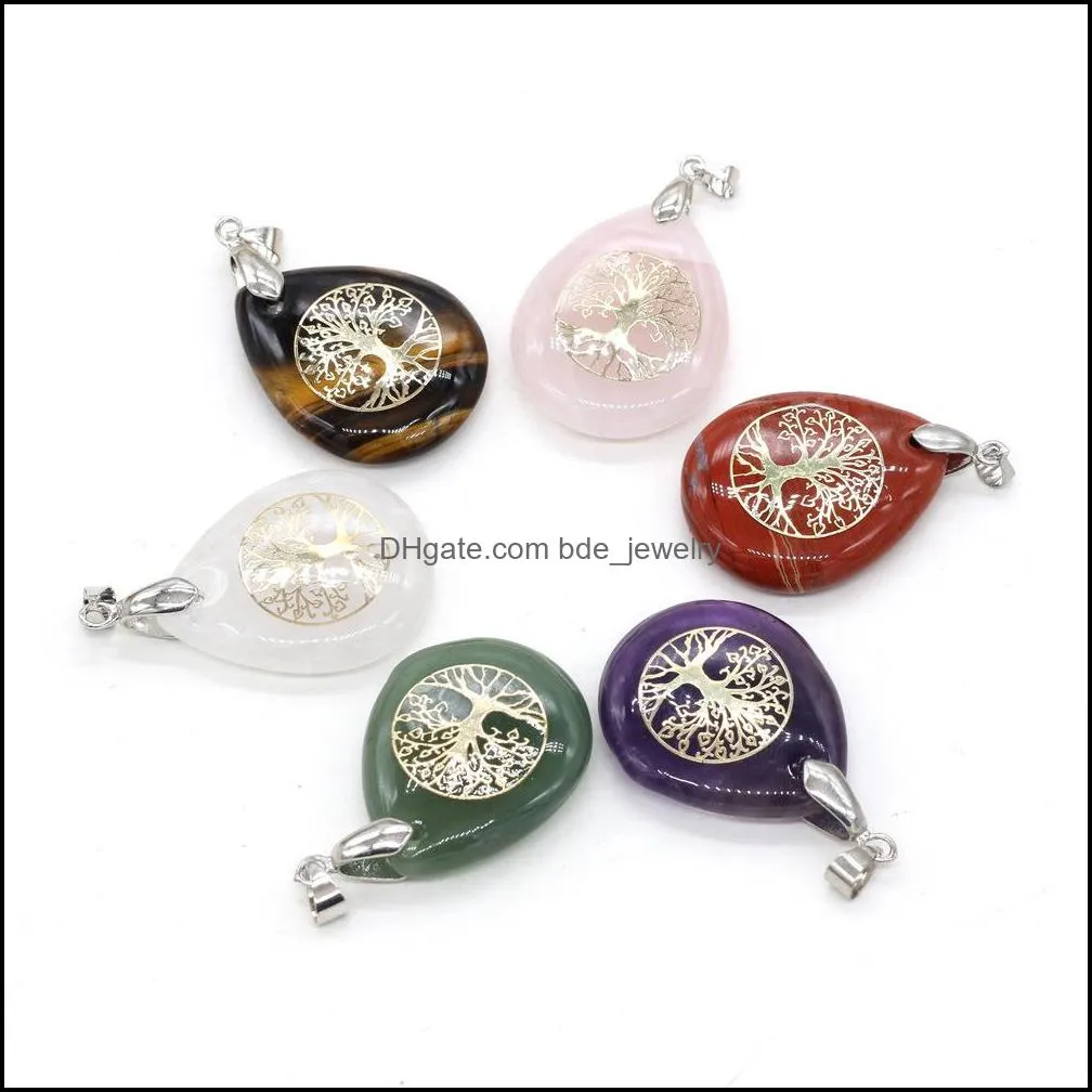 chakra reiki healing semiprecious stone pendant waterdrop tree of life pattern charms amulet crystal meditation for men women jewelry