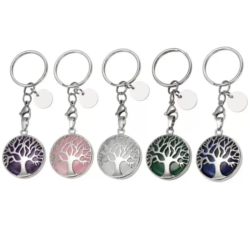 tree of life natural rose quartz gem stone key ring healing crystal keychain jewelry birthday keyrings gift