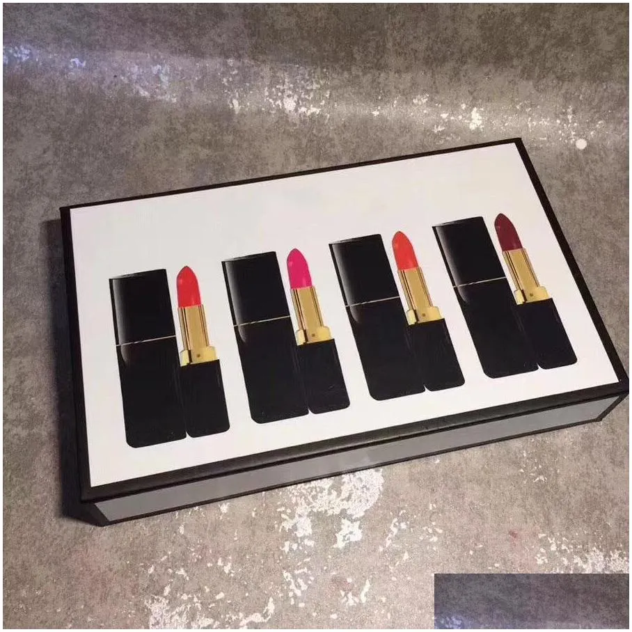 lipstick 4pcs set new makeup set 4 in 1 lipgloss black tube lipsticks matte long lasting cosmetics with gift box kit