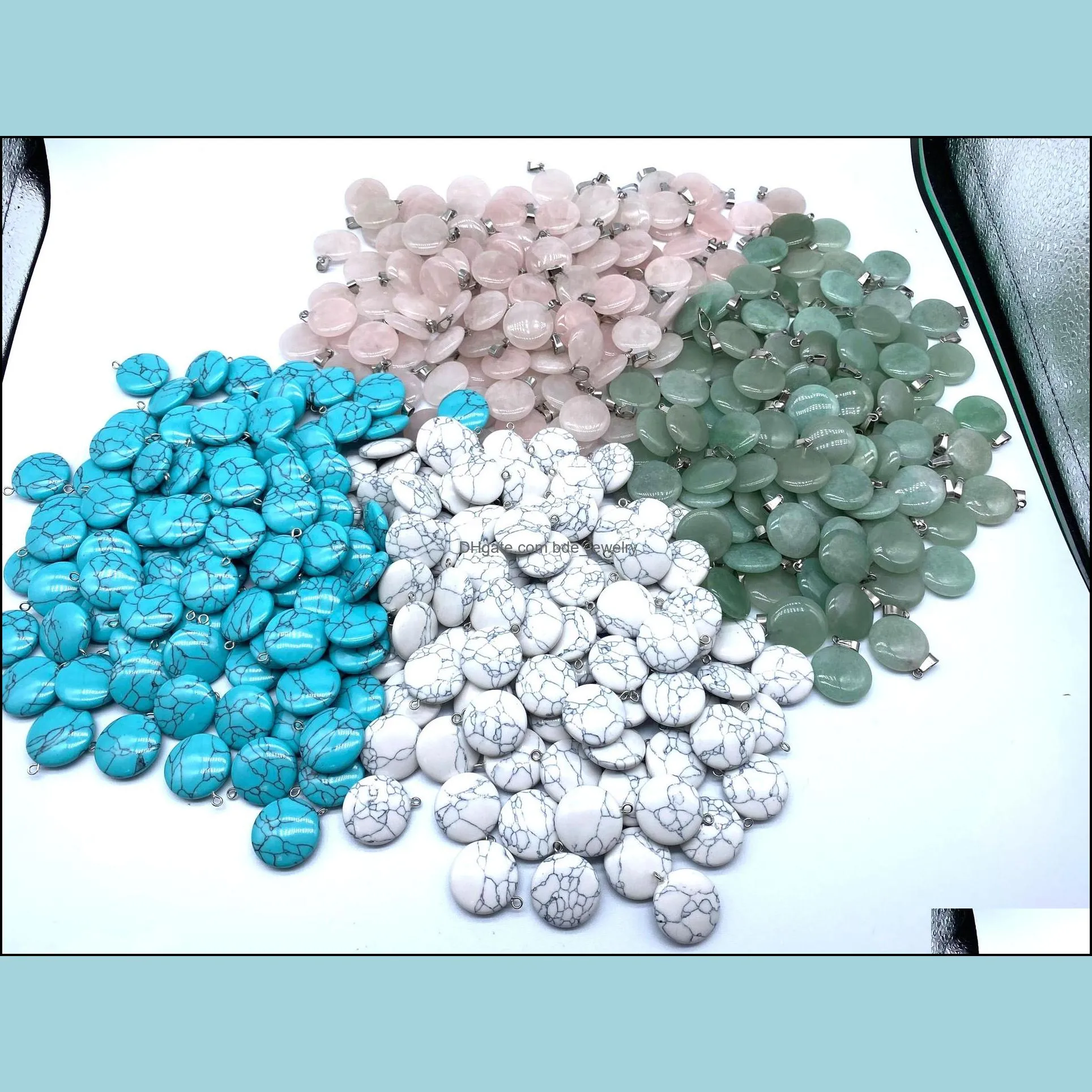 flat round reiki stones turquoise pink quartz charms pendant necklace for women men gift accessories
