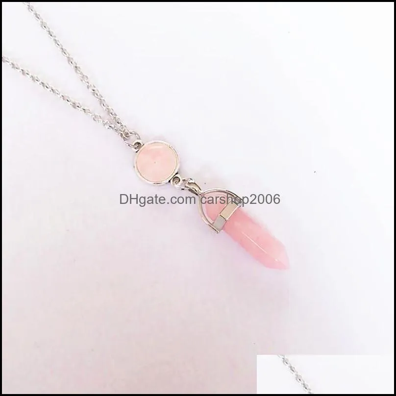 hexagonal prism reiki healing natural stone pendant necklace chakra amethyst pink rose crystal stainless steel chain carshop2006