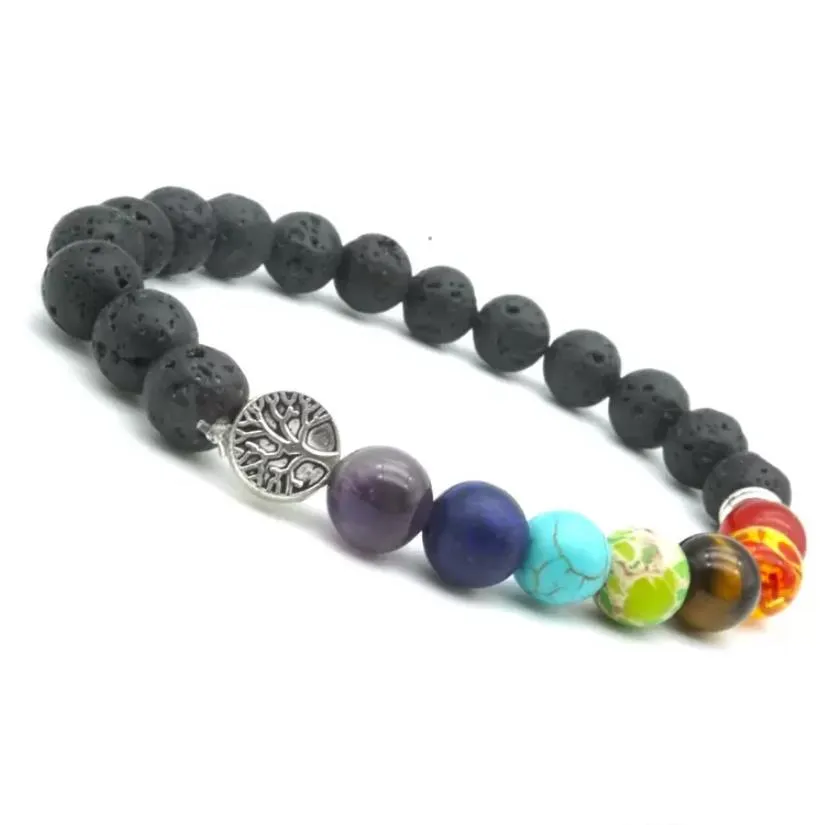 seven chakras tree of life charms 8mm black lava stone beads diy aromatherapy  oil diffuser bracelet yoga jewelry