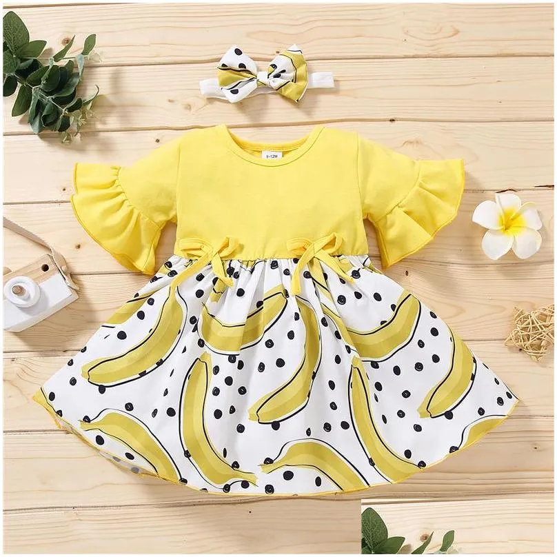 girls dresses clothing infant summer outfits baby girl fruit print round neck flare sleeve dress add bowknot headband