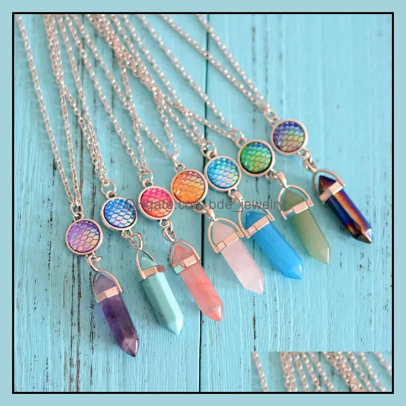 fish scale hexagonal pointed reiki natural stones turquoise pink quartz pillar charms pendant necklace for women men gift accessories