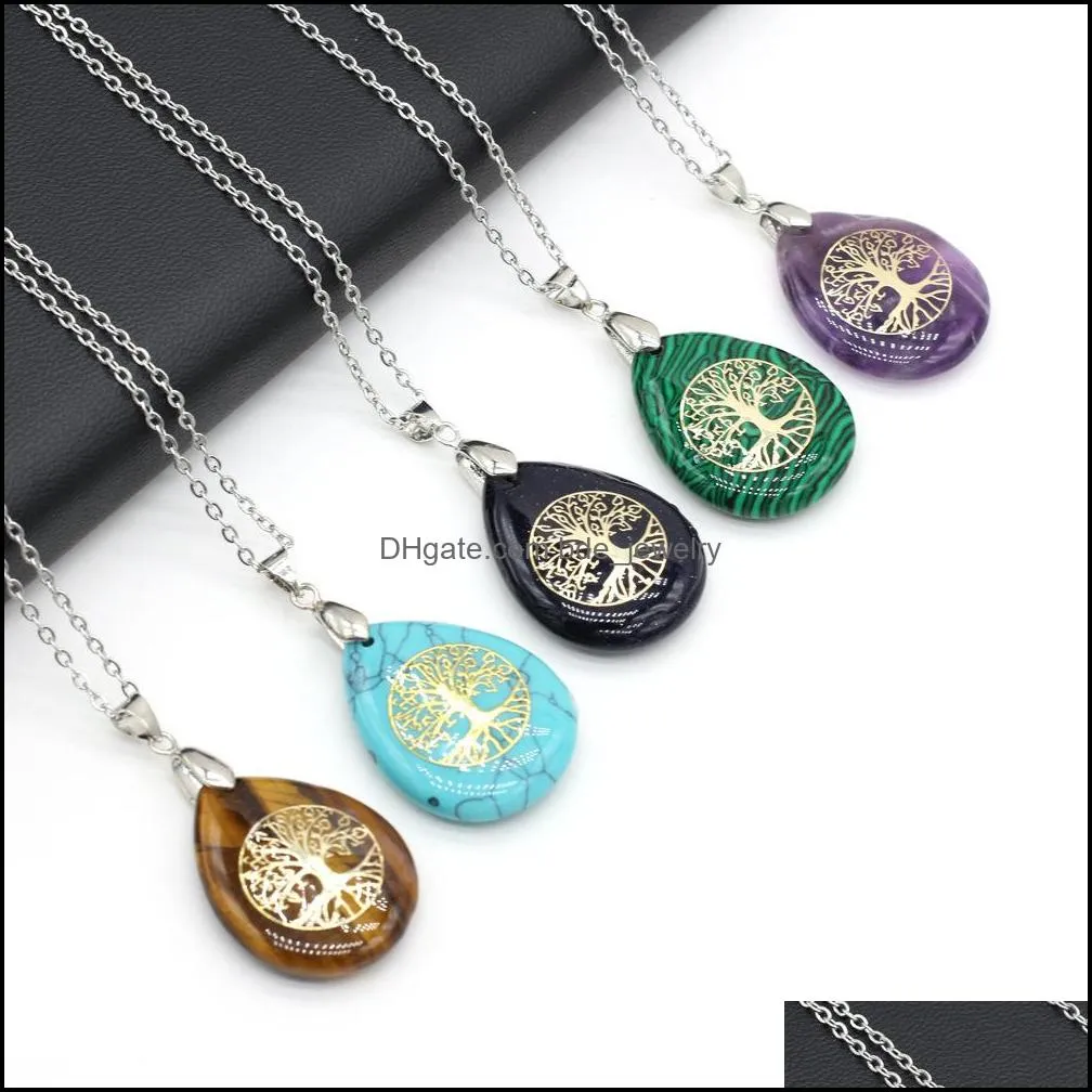 tree of life pattern reiki healing crystal pendant energy waterdrop stone quartz necklaces fashion women men jewelry wholesale