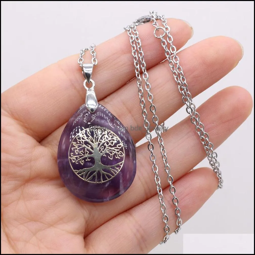 tree of life pattern reiki healing crystal pendant energy waterdrop stone quartz necklaces fashion women men jewelry wholesale