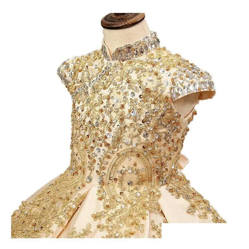 girls dresses luxury flower girl dress with beading crystal for wedding gold glitz ball gowns train little girls custom made