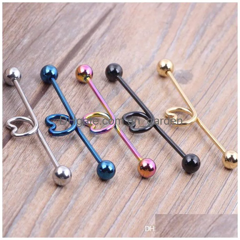 14g 44mm heart surgical steel industrial barbell ear ring bar mix 5 color for body piercing jewelry