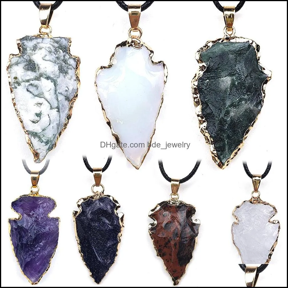 natural agate obsidian healing crystal gilded edge arrow pendant original raw quartz stone men necklace jewelry