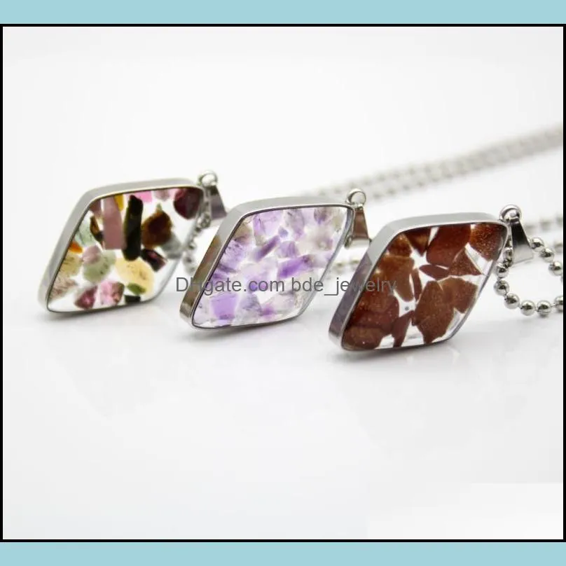 stainless steel chain gravel stone rhombus glass pendant pink quartz crystal agates turquoises malachite stone necklace