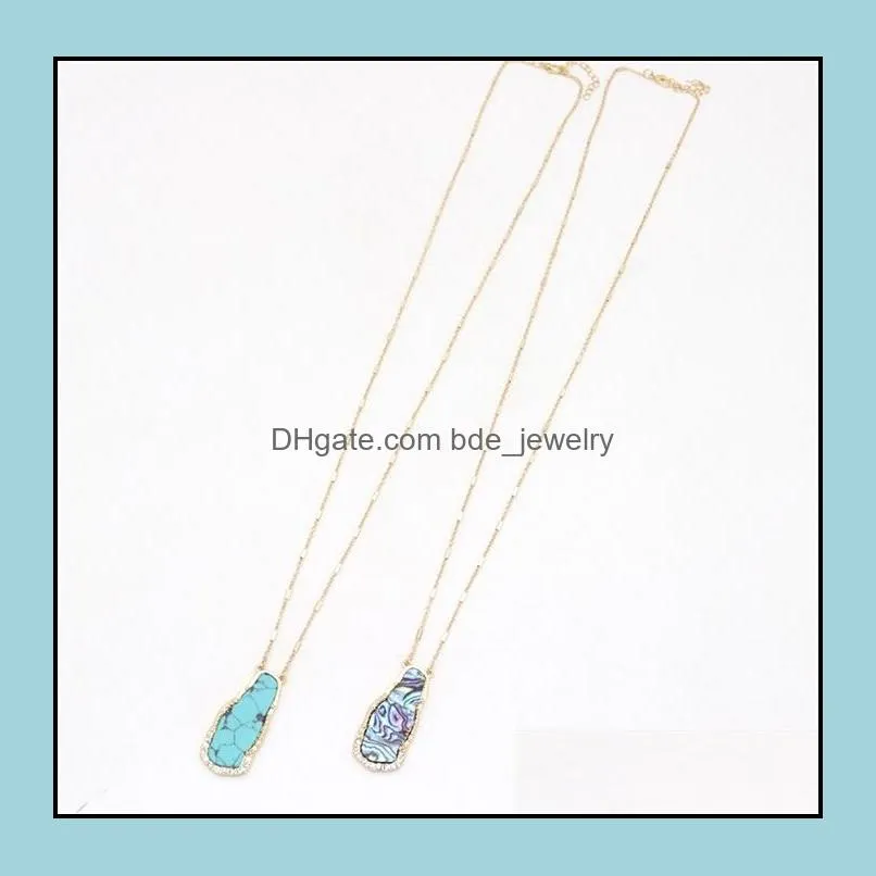 fashion crystal turquoise abalone shell pendant necklace gold metal long chain sweater statement necklace for women jewelry