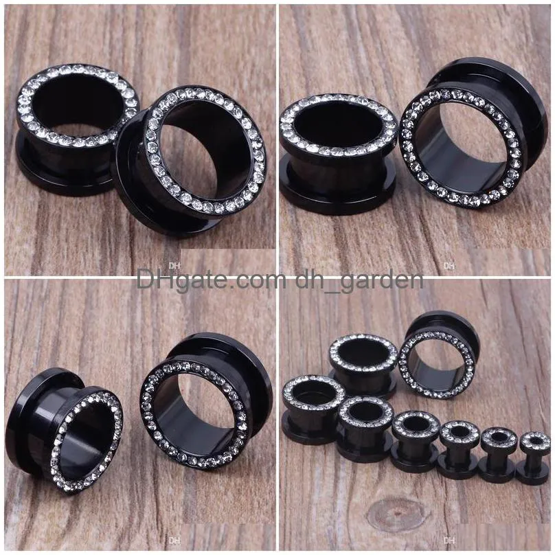 mix 416mm 64pcs/lot stainless steel black crystal ear plugs body piercing jewelry ear flesh tunnel